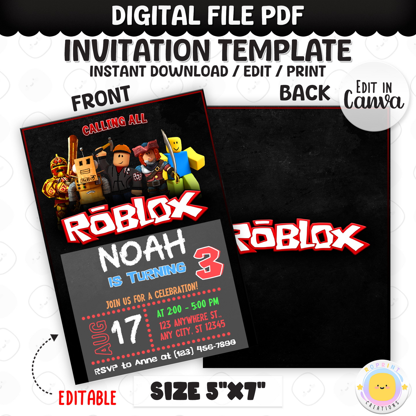 Roblox Birthday Editable Invitation Canva Template