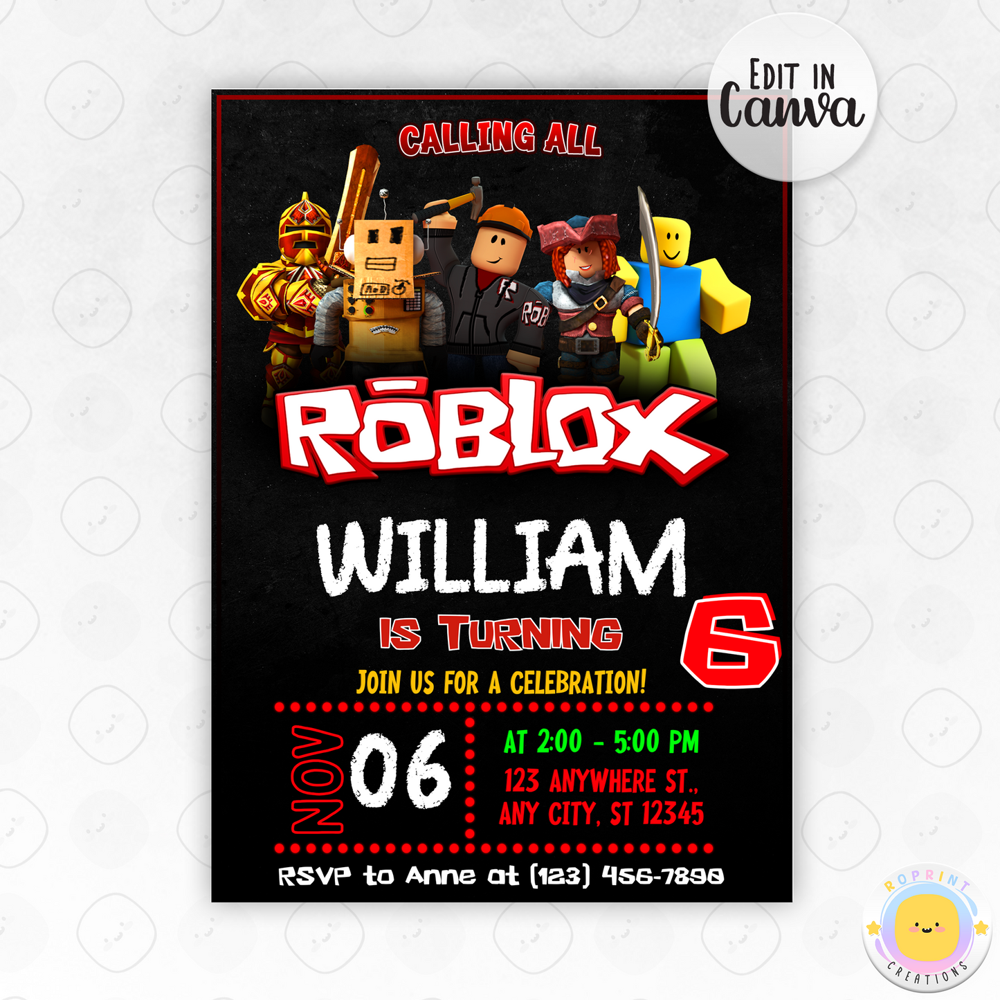 Roblox Birthday Editable Invitation Canva Template