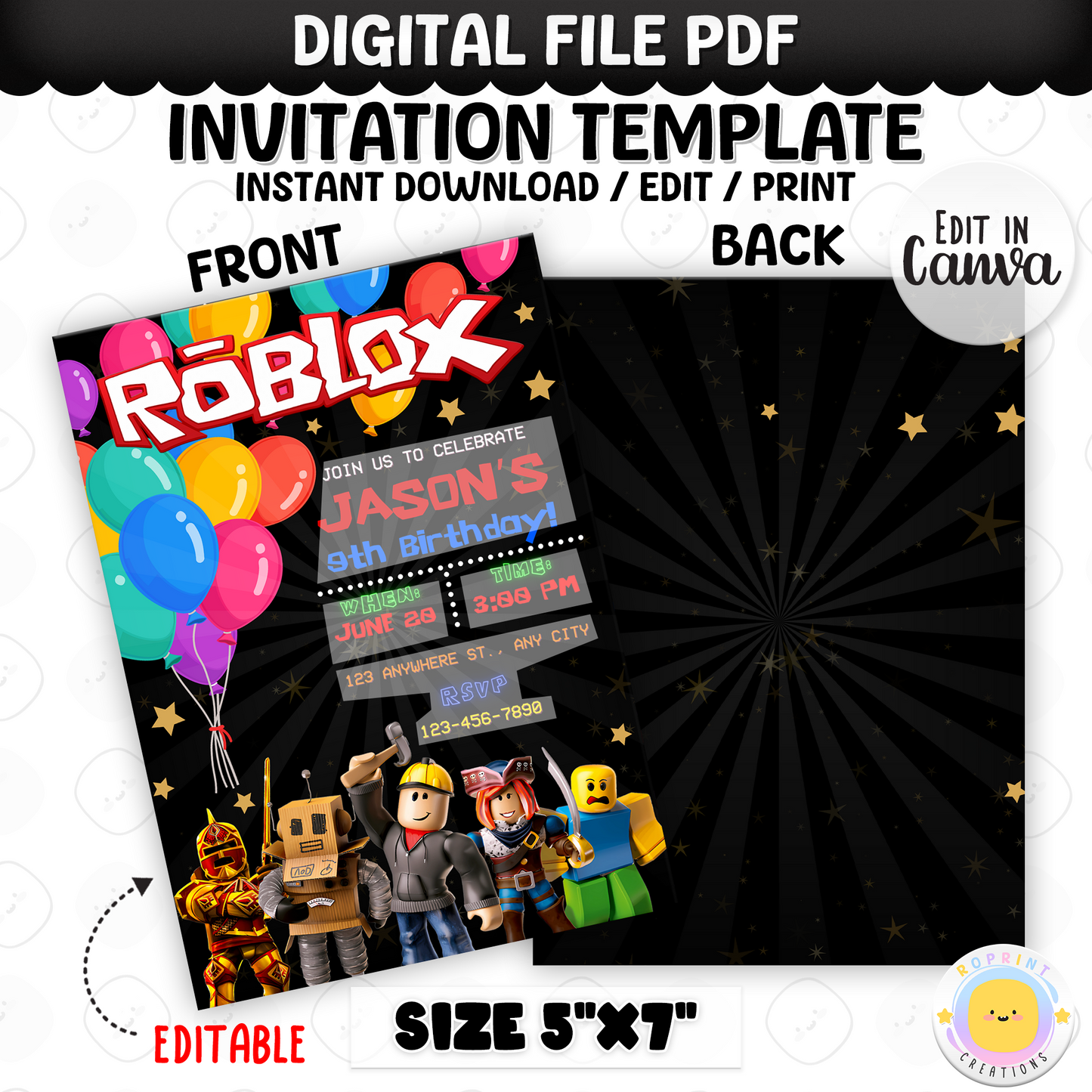 Level up your party with this Roblox-themed birthday invitation! Edit easily in Canva and print or share digitally. Instant download