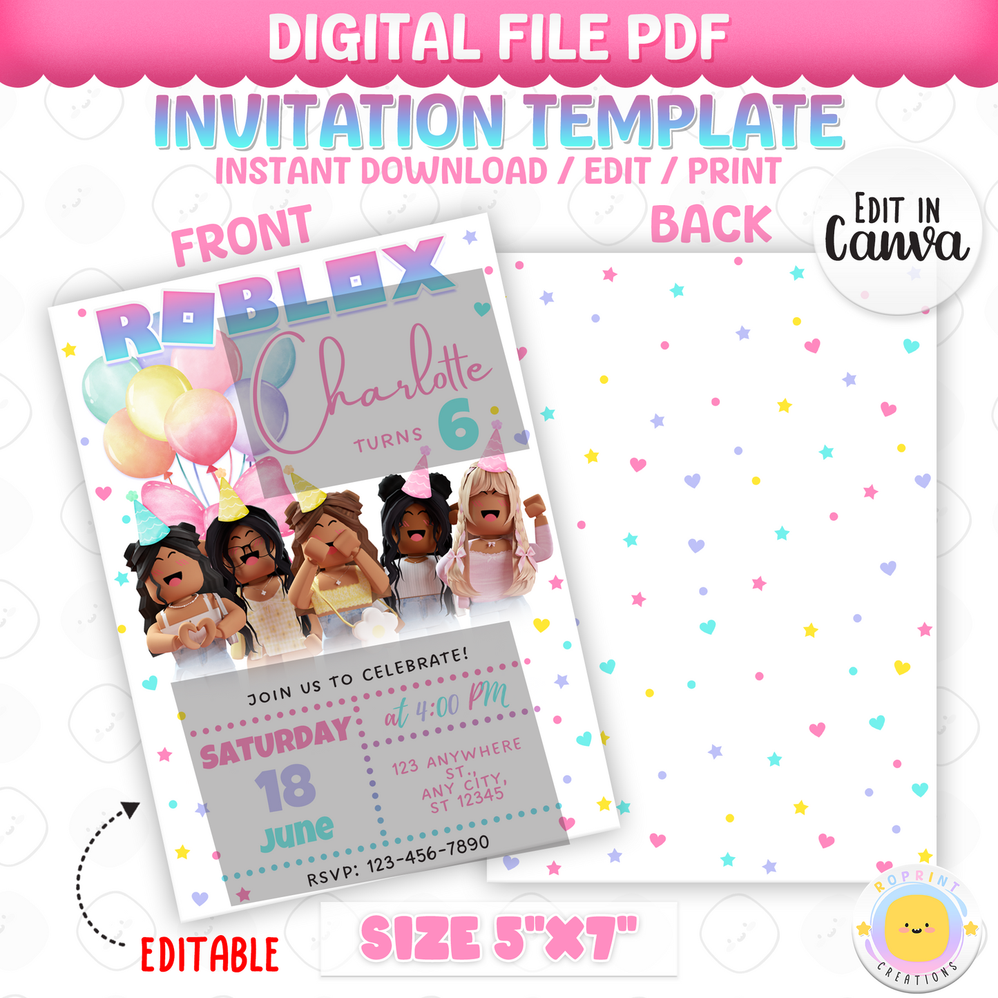 Roblox Girl Birthday Invitation Template - Roblox Girl Editable Invitation Canva Template