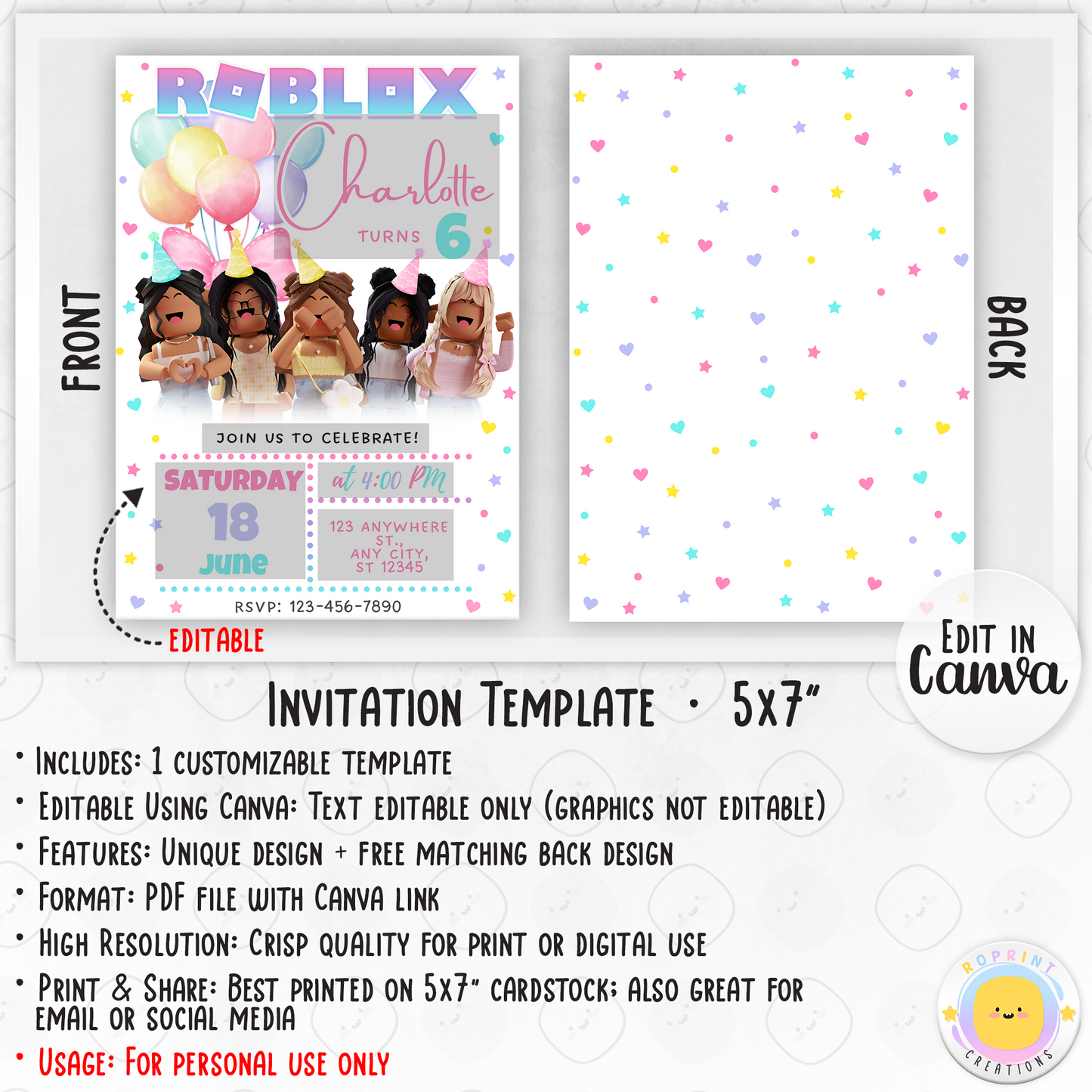 Roblox Girl Birthday Invitation Template - Roblox Girl Editable Invitation Info