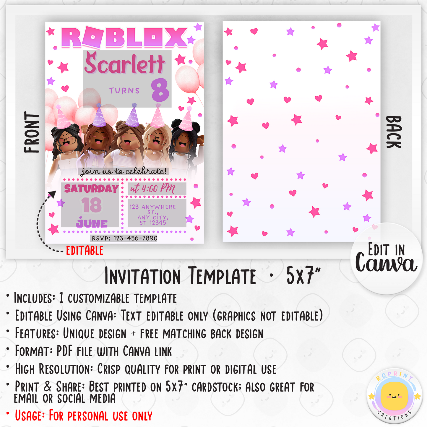 Roblox Girl Birthday Invitation Template - Roblox Girl Pink Editable Invitation Info
