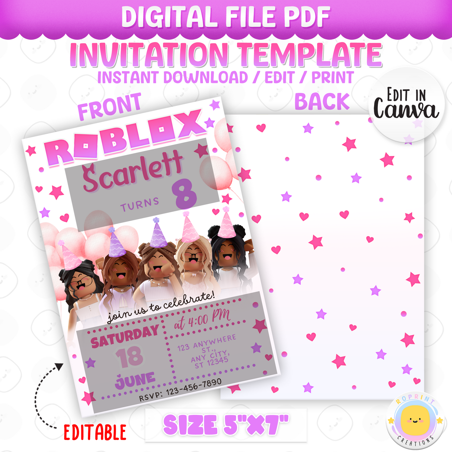 Roblox Girl Birthday Invitation Template - Roblox Girl Pink Editable Canva Invitation Template