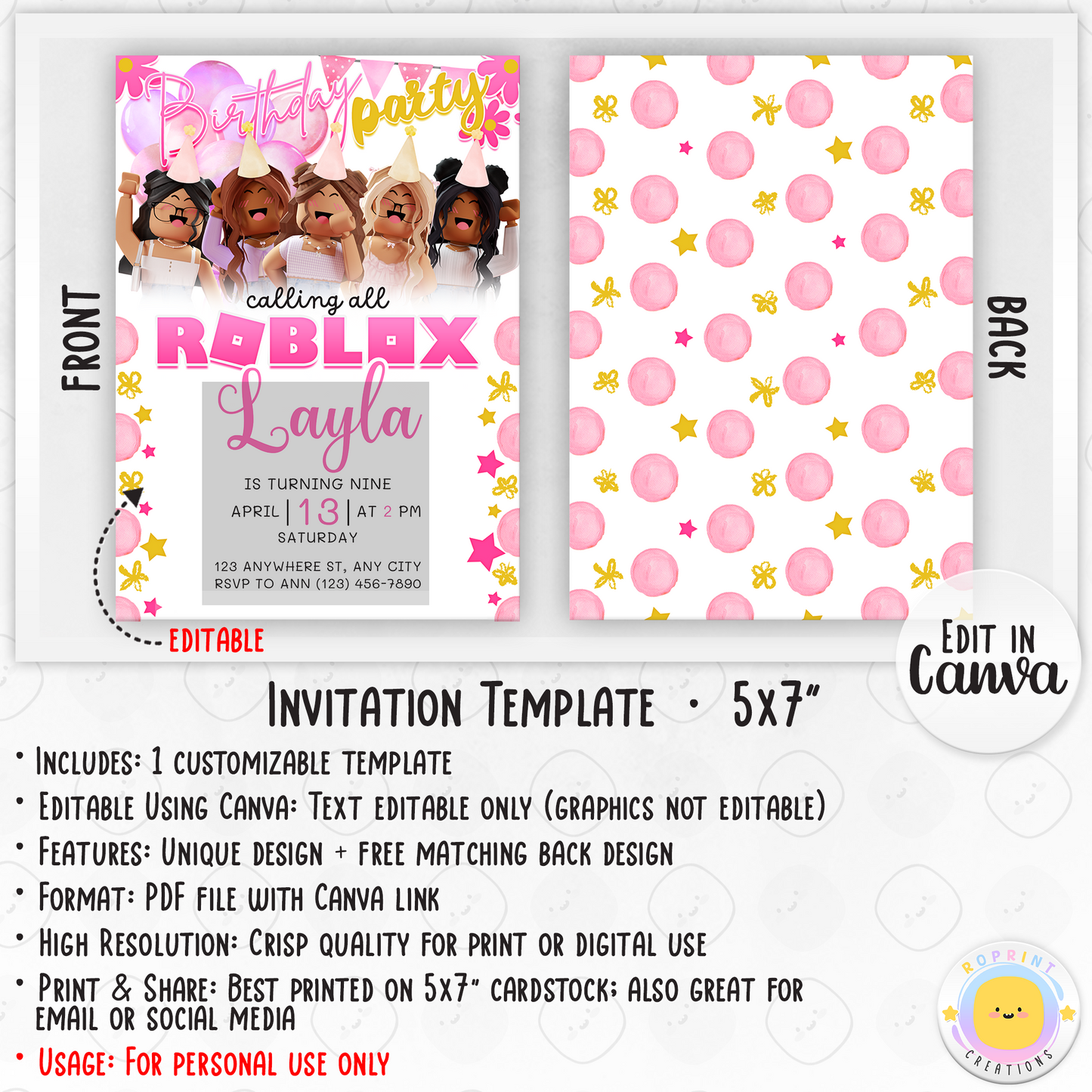 Roblox Girl Pink Birthday Invitation Template - Roblox Girl Purple Editable Invitation info