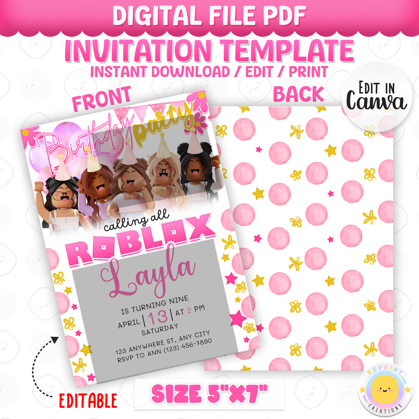 Roblox Girl Pink Birthday Invitation Template - Roblox Girl Purple Editable Canva Invitation Template
