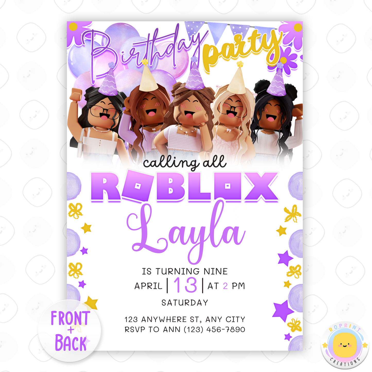 Roblox Girl Pink Birthday Invitation Template - Roblox Girl Purple Editable Invitation