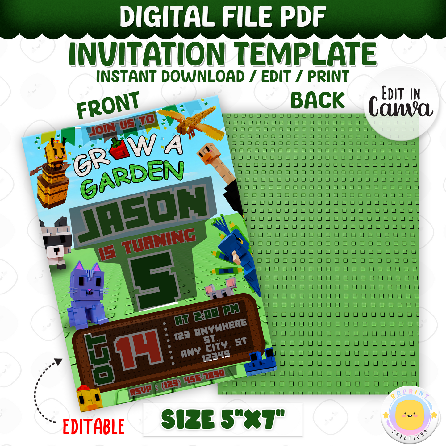 Level up the fun with this Roblox Grow a Garden birthday invitation! Easily editable in Canva—print at home or share digitally for the perfect gamer party invite. Instant download