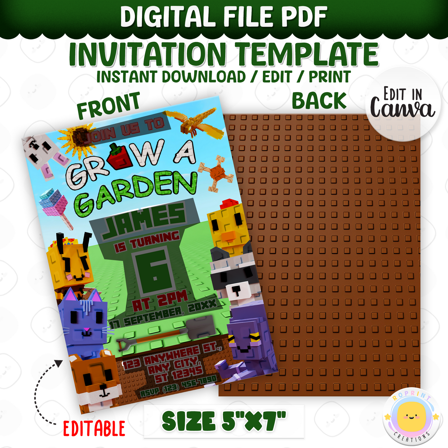 Level up the fun with this Roblox Grow a Garden birthday invitation! Easily editable in Canva—print at home or share digitally for the perfect gamer party invite. Instant download