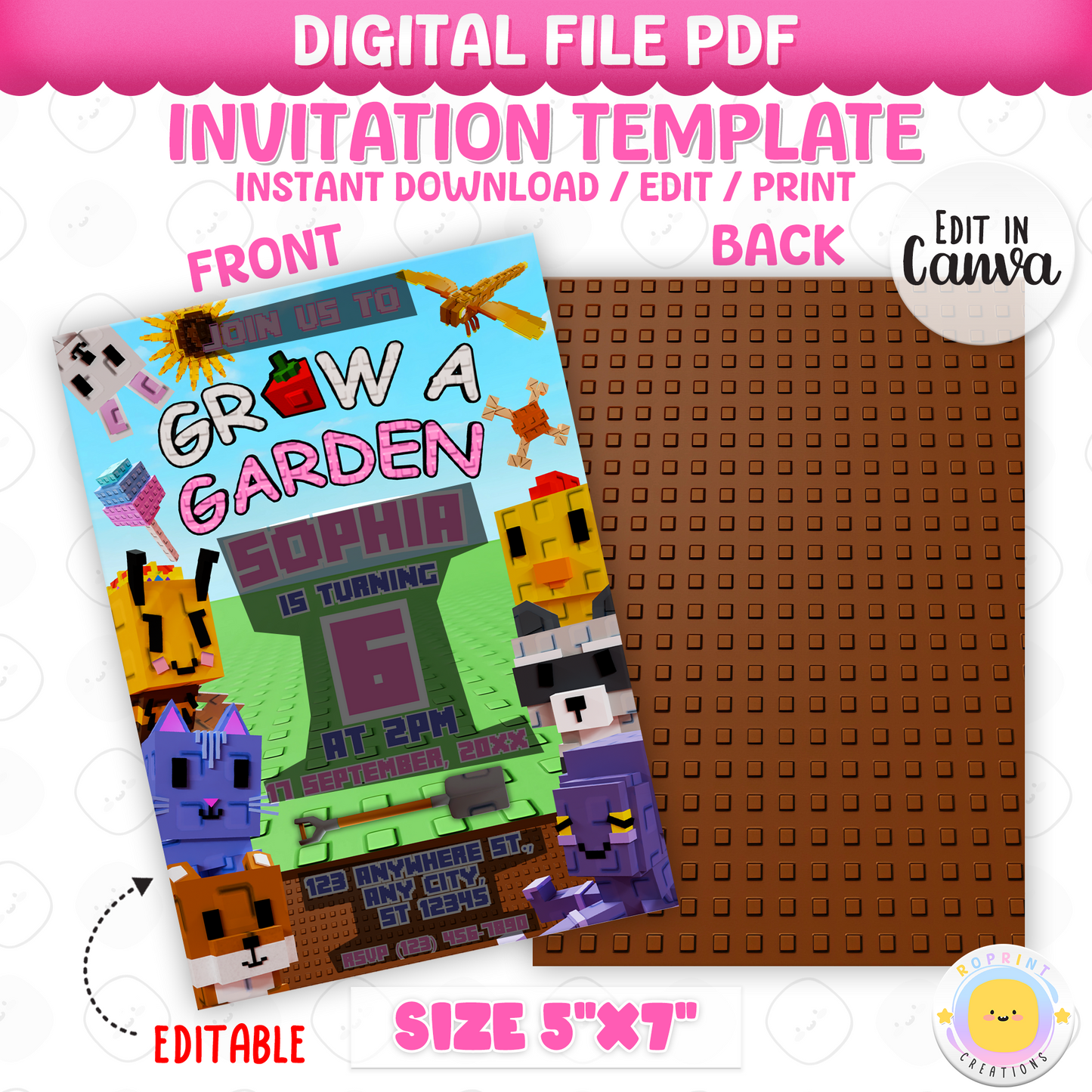 Celebrate in style with this Pink Roblox Grow a Garden birthday invitation! Easily editable in Canva—print at home or share digitally for a fun gamer party invite. Instant download
