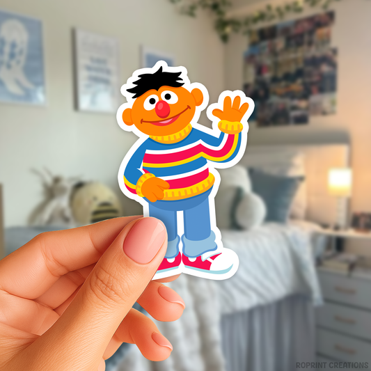 Add some fun with this Ernie sticker! Perfect for party favors, crafts, or decorating notebooks, laptops, and more — the best gift for Sesame Street fans.