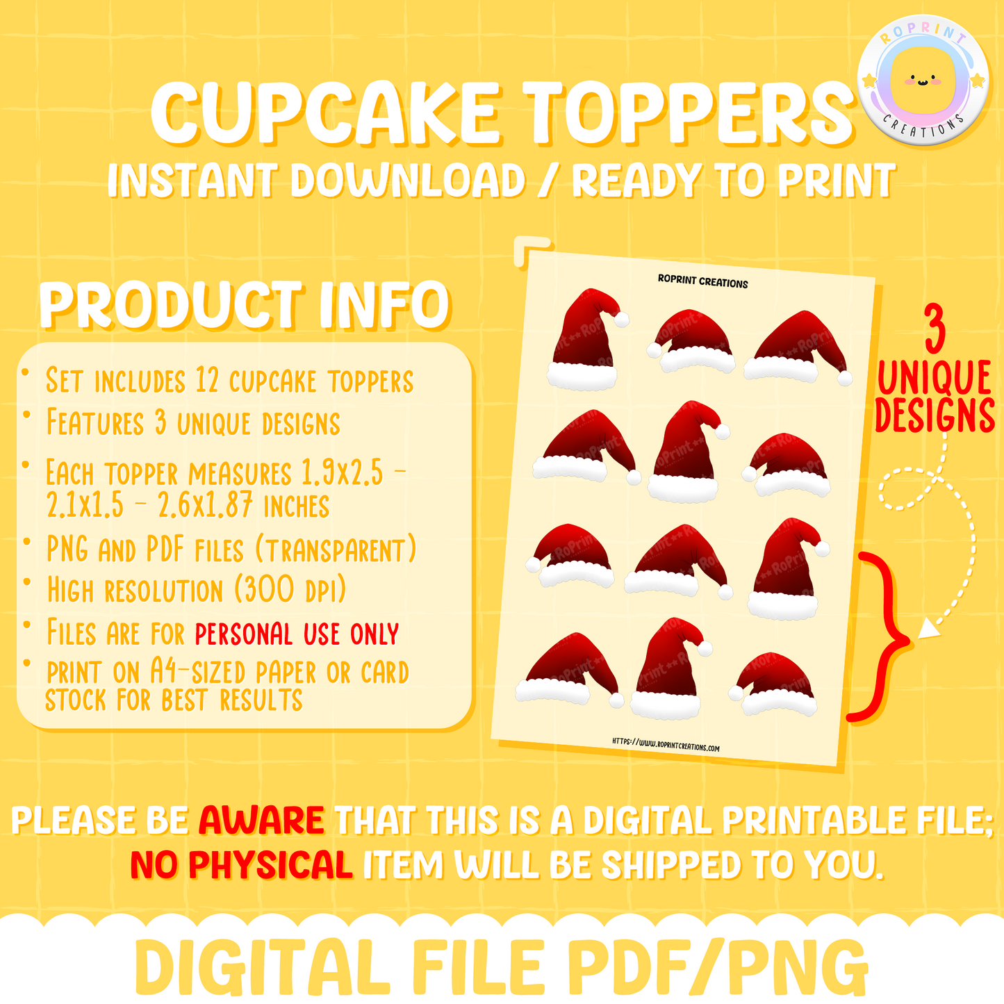 Digital printable Santa hat cupcake toppers, ideal for adding a festive touch to holiday party treats.