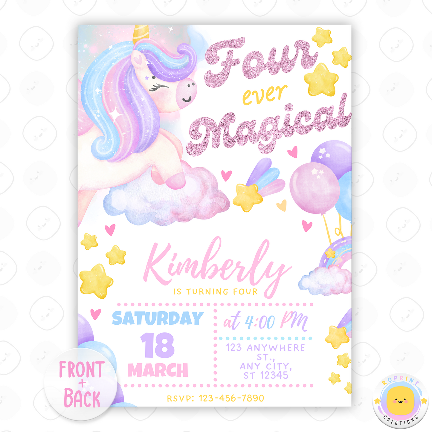 Celebrate four in sparkly style with this Four Ever Magical unicorn invitation!
Designed with soft pastel colors, glitter-style font, and a whimsical unicorn theme, this editable template is perfect for your little girl’s 4th birthday party. Personalize it in minutes and make her special day truly magical. Instant download.