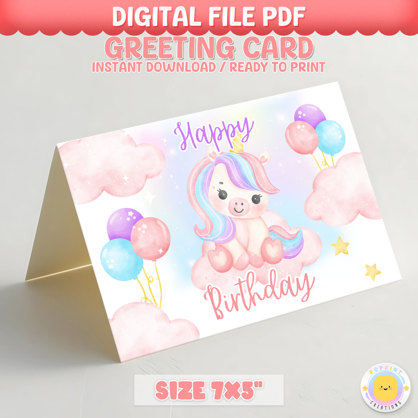 Add a touch of magic to their special day with this cute unicorn birthday card! Simply download, print, trim, and fold to create a 7x5 greeting card. Instant Download.
