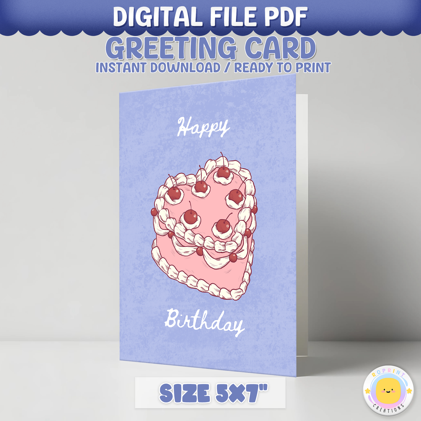 Digital birthday greeting card with a cake illustration on a light blue background