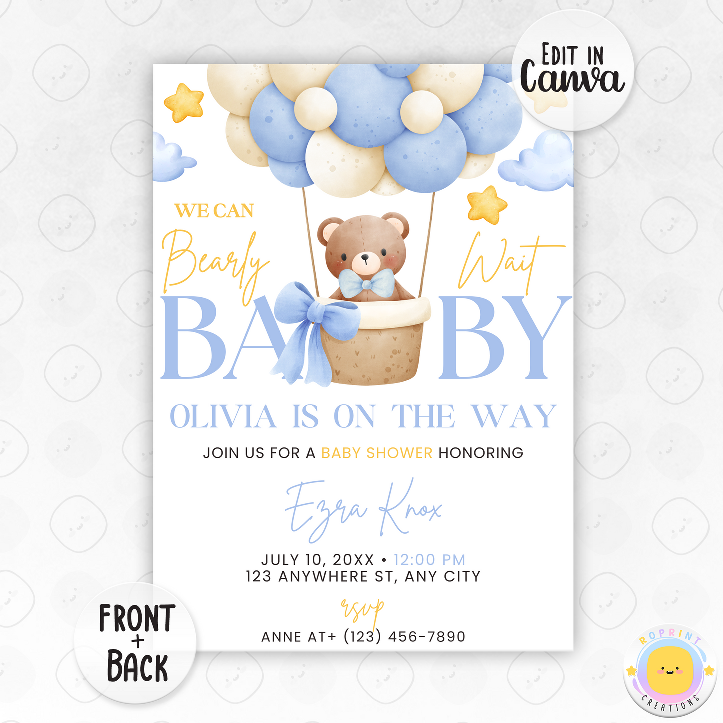 We Can Bearly Wait Baby Shower Invitation - Bear Baby Shower Blue Invite canva template