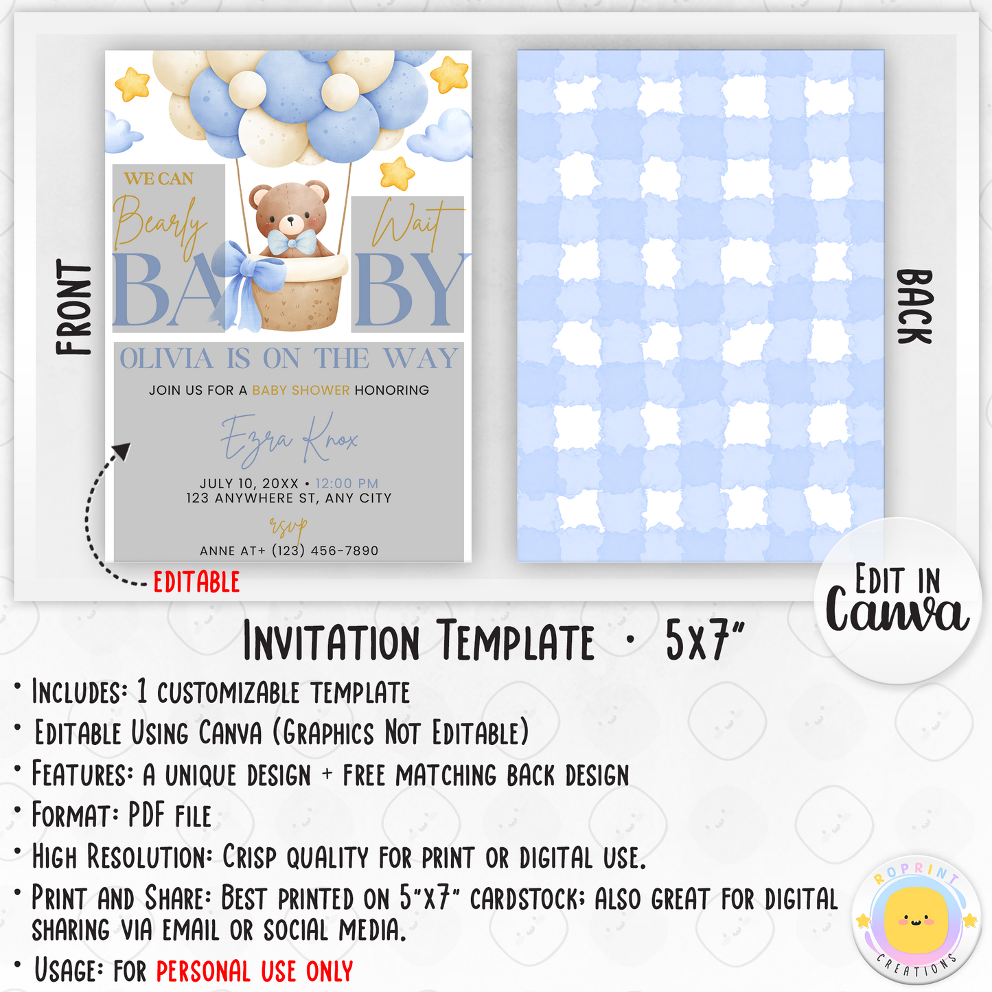 We Can Bearly Wait Baby Shower Invitation - Bear Baby Shower Blue Invite info
