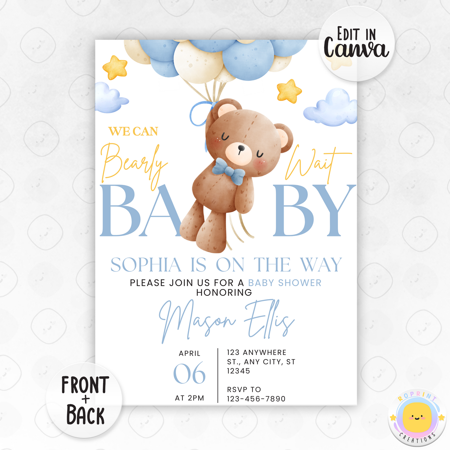 We Can Bearly Wait Baby Shower Invitation - Bear Baby Shower Canva Invitation Template