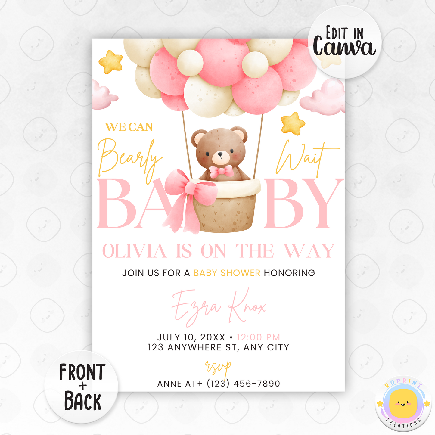 We Can Bearly Wait Baby Shower Invitation - Bear Baby Shower Pink Invitation canva template