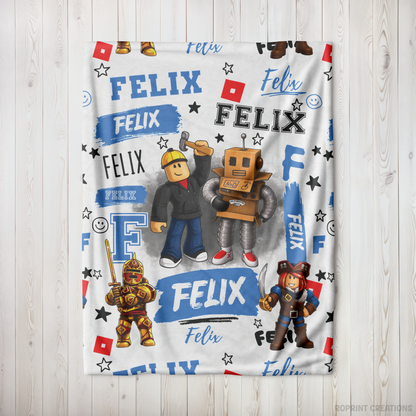 Personalized Roblox Blanket, Blue Custom Name Roblox Kids Birthday Gift
