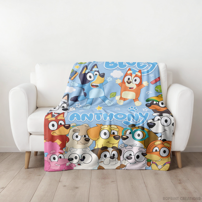 Snuggle up with this personalized Bluey-inspired plush blanket! Customize it with a name to create a soft velveteen throw that's perfect for naps, bedtime, movie nights, and everyday cuddles. A thoughtful gift for kids who love Bluey-inspired designs.