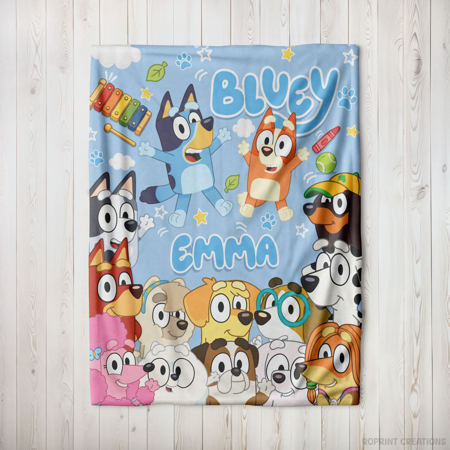 Snuggle up with this personalized Bluey-inspired plush blanket! Customize it with a name to create a soft velveteen throw that's perfect for naps, bedtime, movie nights, and everyday cuddles. A thoughtful gift for kids who love Bluey-inspired designs.