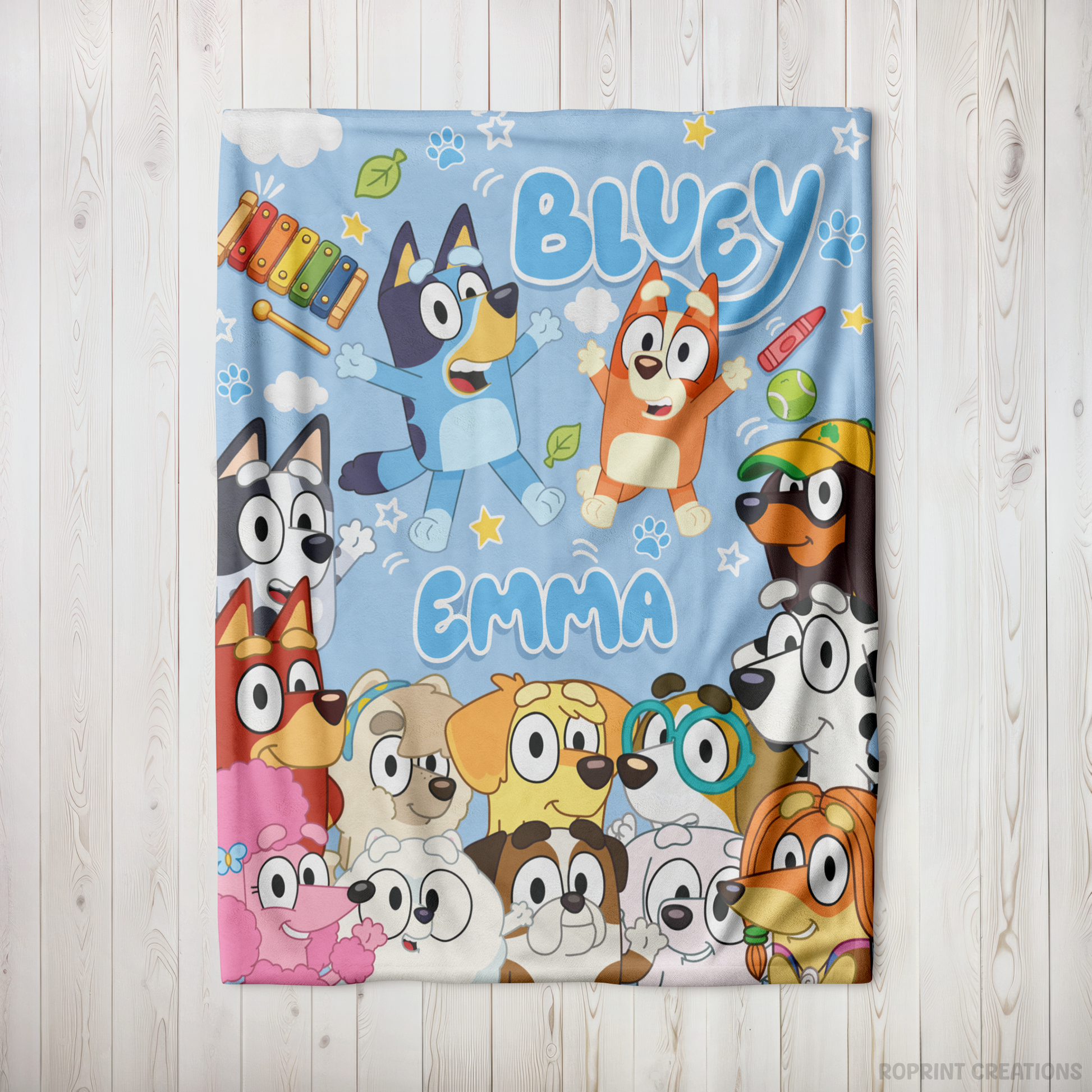 Snuggle up with this personalized Bluey-inspired plush blanket! Customize it with a name to create a soft velveteen throw that's perfect for naps, bedtime, movie nights, and everyday cuddles. A thoughtful gift for kids who love Bluey-inspired designs.