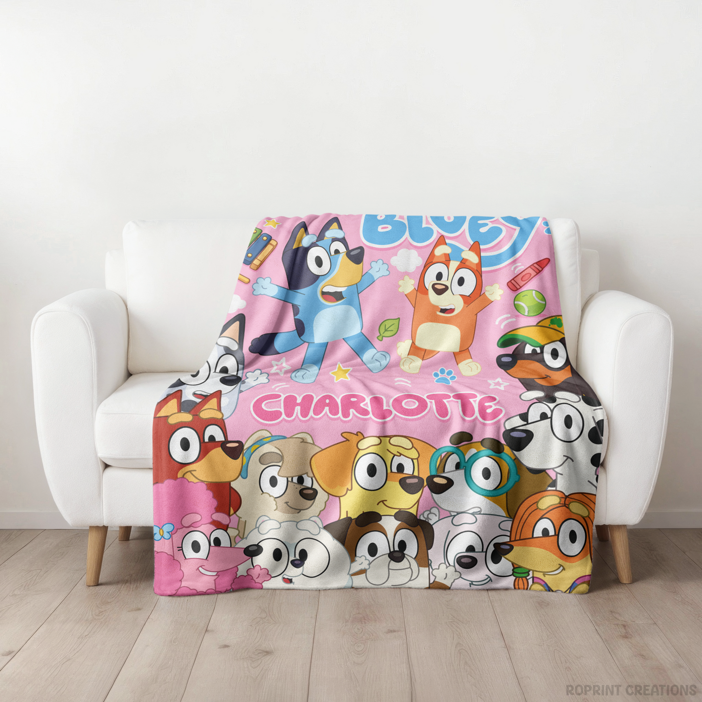 Snuggle up with this Pink personalized Bluey-inspired plush blanket! Customize it with a name to create a soft velveteen throw that's perfect for naps, bedtime, movie nights, and everyday cuddles. A thoughtful gift for kids who love Bluey-inspired designs.