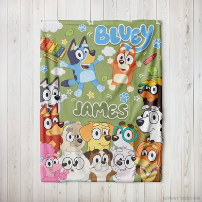 Snuggle up with this Green personalized Bluey-inspired plush blanket! Customize it with a name to create a soft velveteen throw that's perfect for naps, bedtime, movie nights, and everyday cuddles. A thoughtful gift for kids who love Bluey-inspired designs.