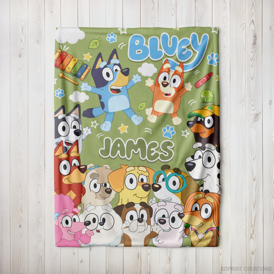 Snuggle up with this Green personalized Bluey-inspired plush blanket! Customize it with a name to create a soft velveteen throw that's perfect for naps, bedtime, movie nights, and everyday cuddles. A thoughtful gift for kids who love Bluey-inspired designs.