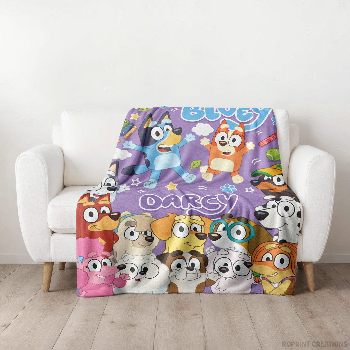 Purple Personalized Bluey Characters Plush Blanket, Custom Name Blue Dog Velveteen Throw for Kids