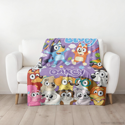 Purple Personalized Bluey Characters Plush Blanket, Custom Name Blue Dog Velveteen Throw for Kids