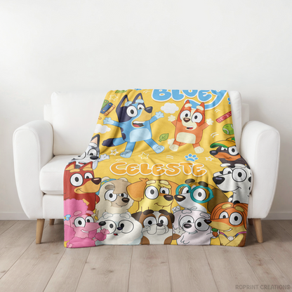Yellow Personalized Bluey Characters Plush Blanket, Custom Name Blue Dog Velveteen Throw for Kids