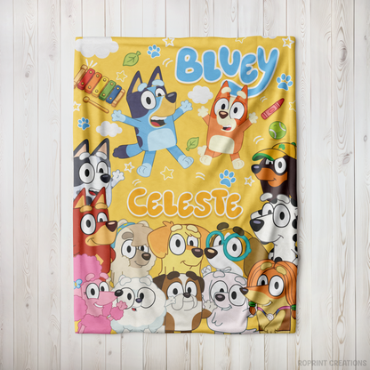 Yellow Personalized Bluey Characters Plush Blanket, Custom Name Blue Dog Velveteen Throw for Kids