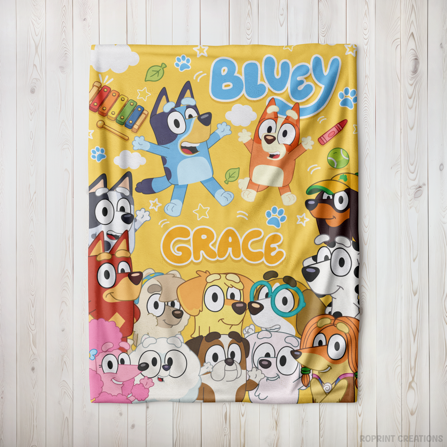 Yellow Personalized Bluey Characters Plush Blanket, Custom Name Blue Dog Velveteen Throw for Kids