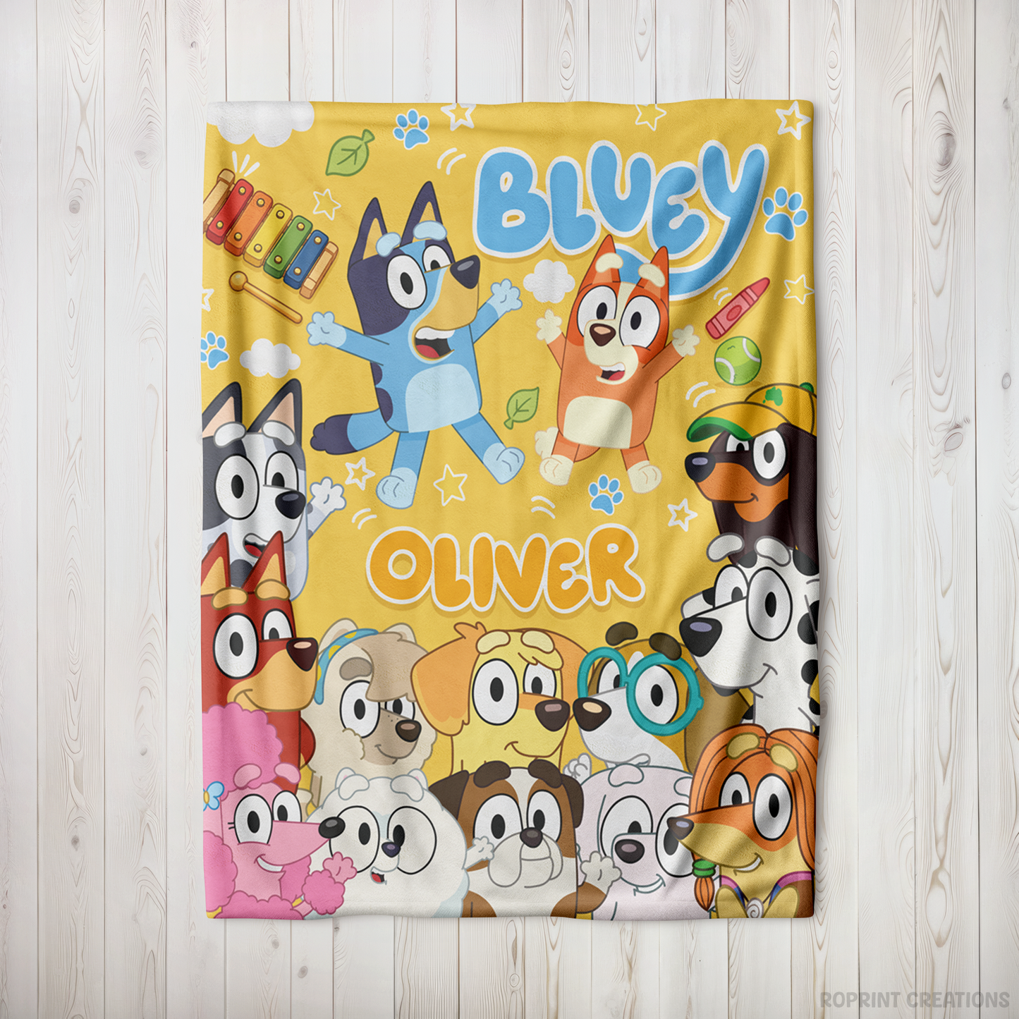 Yellow Personalized Bluey Characters Plush Blanket, Custom Name Blue Dog Velveteen Throw for Kids