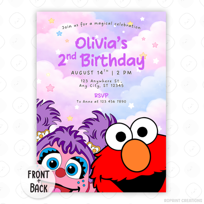 Celebrate your little one’s 2nd birthday with this adorable Abby Cadabby & Elmo Birthday Invitation! Easily edit, download, print, or share digitally for a fun and stress-free party invite.