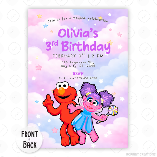 Celebrate your little one’s 3rd birthday with this adorable Abby Cadabby &amp; Elmo Birthday Invitation! Easily edit, download, print, or share digitally for a fun and stress-free party invite.