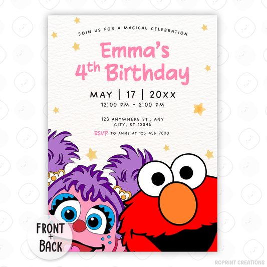 Celebrate your little one’s 4th birthday with this adorable Abby Cadabby &amp; Elmo Birthday Invitation! Easily edit, download, print, or share digitally for a fun and stress-free party invite.