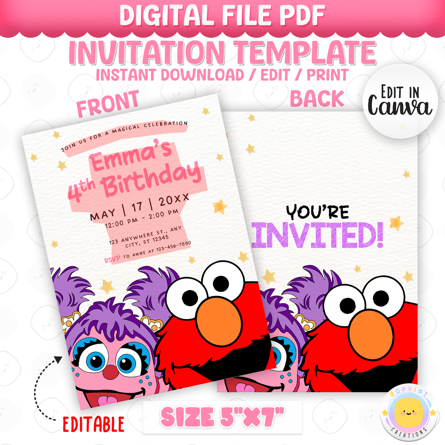 Celebrate your little one’s 4th birthday with this adorable Abby Cadabby &amp; Elmo Birthday Invitation! Easily edit, download, print, or share digitally for a fun and stress-free party invite.