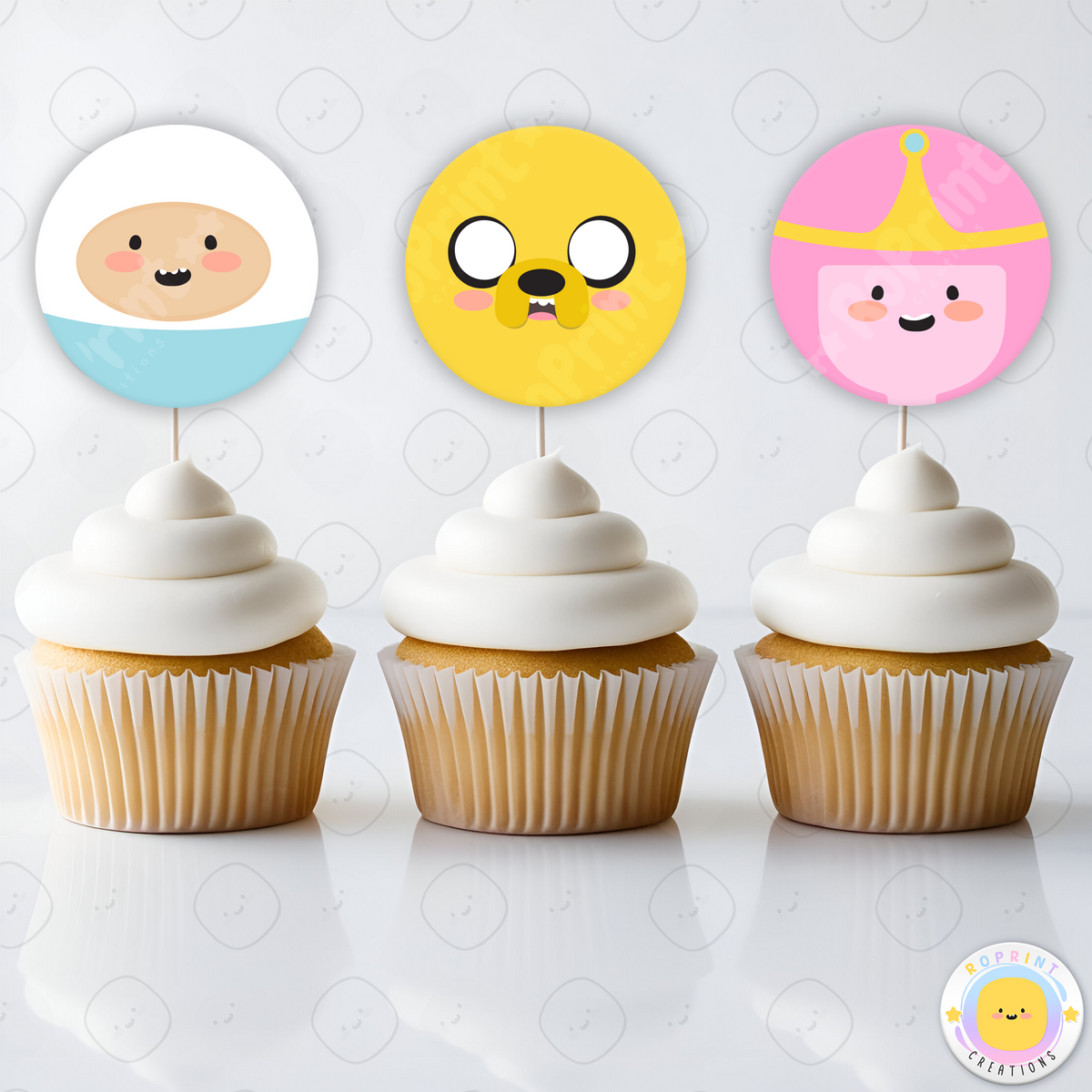 Adventure Time Cupcake Toppers - Adventure Time Birthday Cupcake Toppers. Add a fun touch to your celebration with these Adventure Time Cupcake Toppers! Instantly download, print, and assemble for a unique party decoration. These toppers can also be printed on edible paper or sticker paper to create fun stickers. Digital file only.