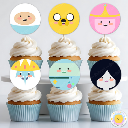 Adventure Time Cupcake Toppers - Adventure Time Birthday Cupcake Toppers. Add a fun touch to your celebration with these Adventure Time Cupcake Toppers! Instantly download, print, and assemble for a unique party decoration. These toppers can also be printed on edible paper or sticker paper to create fun stickers. Digital file only.