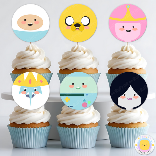 Adventure Time Cupcake Toppers - Adventure Time Birthday Cupcake Toppers. Add a fun touch to your celebration with these Adventure Time Cupcake Toppers! Instantly download, print, and assemble for a unique party decoration. These toppers can also be printed on edible paper or sticker paper to create fun stickers. Digital file only.
