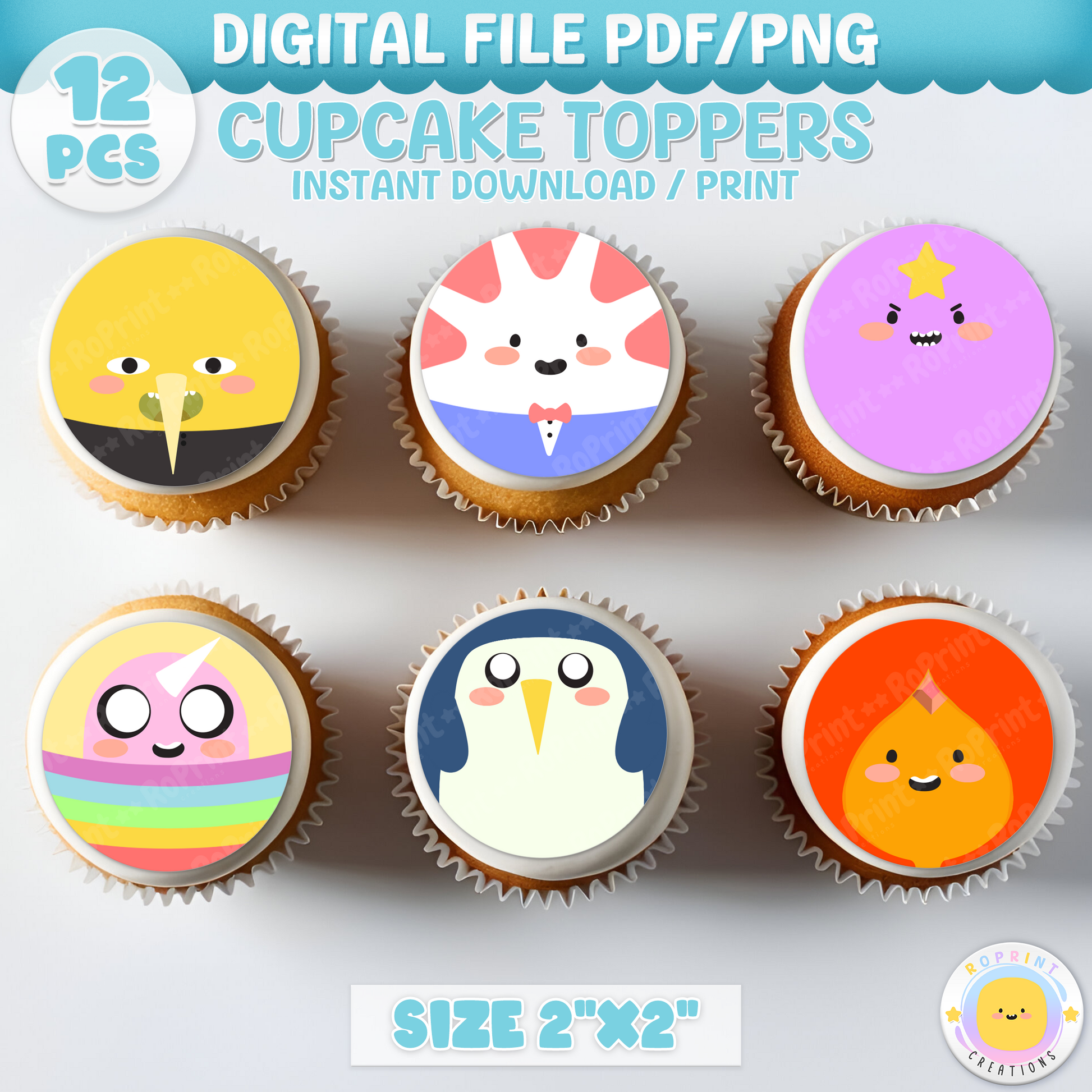 Adventure Time Cupcake Toppers - Adventure Time Birthday Cupcake Toppers. Add a fun touch to your celebration with these Adventure Time Cupcake Toppers! Instantly download, print, and assemble for a unique party decoration. These toppers can also be printed on edible paper or sticker paper to create fun stickers. Digital file only.