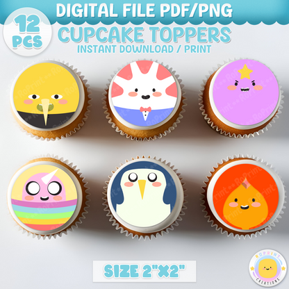 Adventure Time Cupcake Toppers - Adventure Time Birthday Cupcake Toppers. Add a fun touch to your celebration with these Adventure Time Cupcake Toppers! Instantly download, print, and assemble for a unique party decoration. These toppers can also be printed on edible paper or sticker paper to create fun stickers. Digital file only.