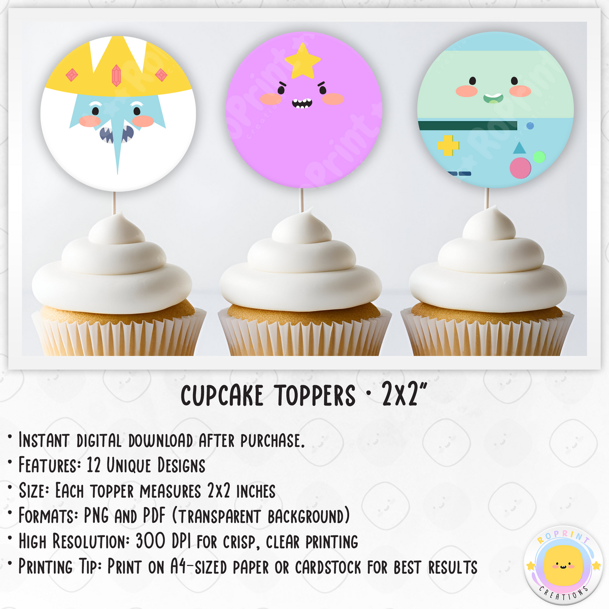 Adventure Time Cupcake Toppers - Adventure Time Birthday Cupcake Toppers. Add a fun touch to your celebration with these Adventure Time Cupcake Toppers! Instantly download, print, and assemble for a unique party decoration. These toppers can also be printed on edible paper or sticker paper to create fun stickers. Digital file only.