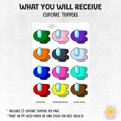 Add a fun, sus touch to your treats with these Among Us cupcake toppers! Perfect for gamer-themed birthdays—just download, print, and decorate. Instant Download.