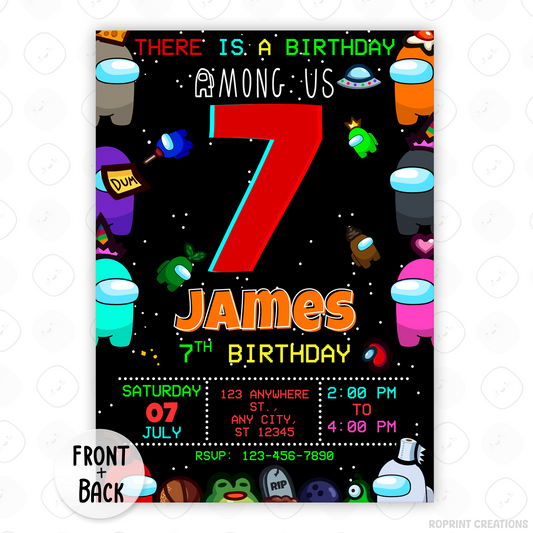 Throw a sus party with this fun Among Us birthday invitation! Customize in Canva, then print or share digitally. Instant download