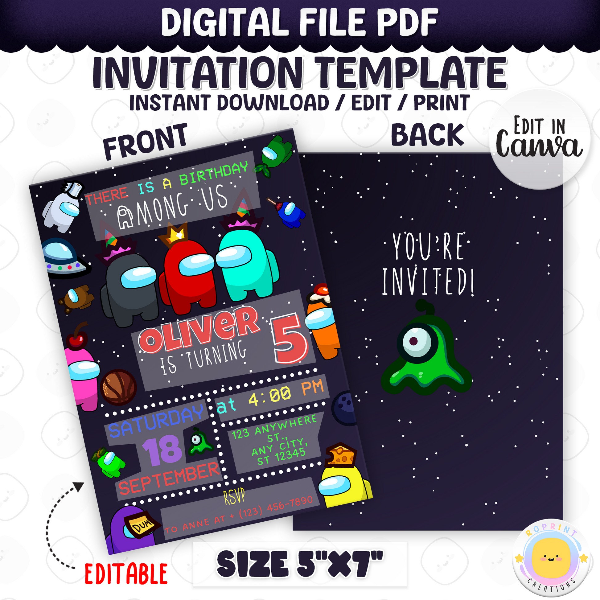 Throw a sus party with this fun Among Us birthday invitation! Customize in Canva, then print or share digitally. Instant download
