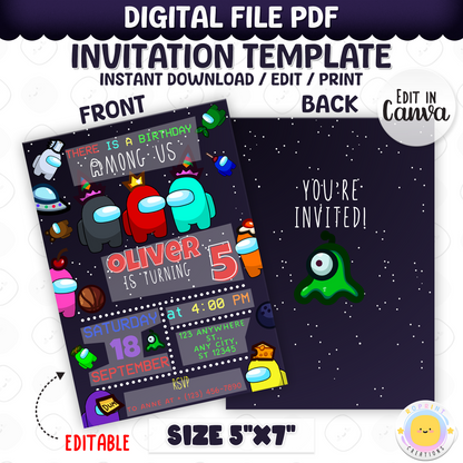 Throw a sus party with this fun Among Us birthday invitation! Customize in Canva, then print or share digitally. Instant download