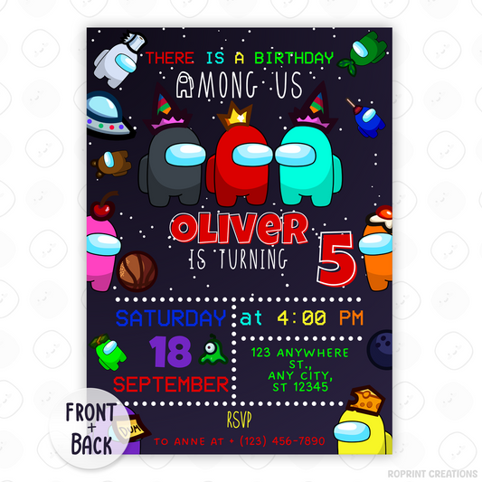 Throw a sus party with this fun Among Us birthday invitation! Customize in Canva, then print or share digitally. Instant download
